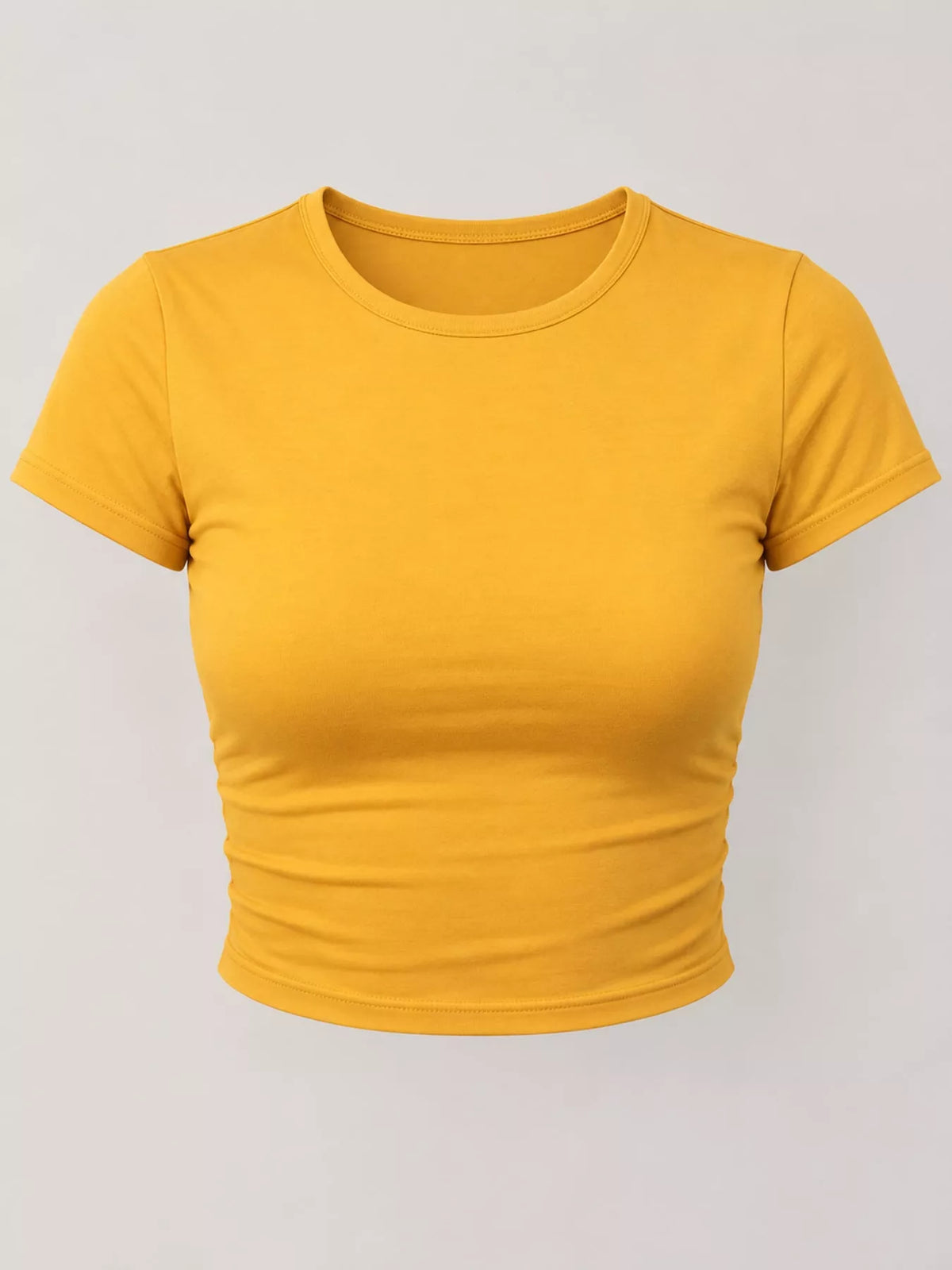 Golden yellow crew-neck crop T-shirt, front view.