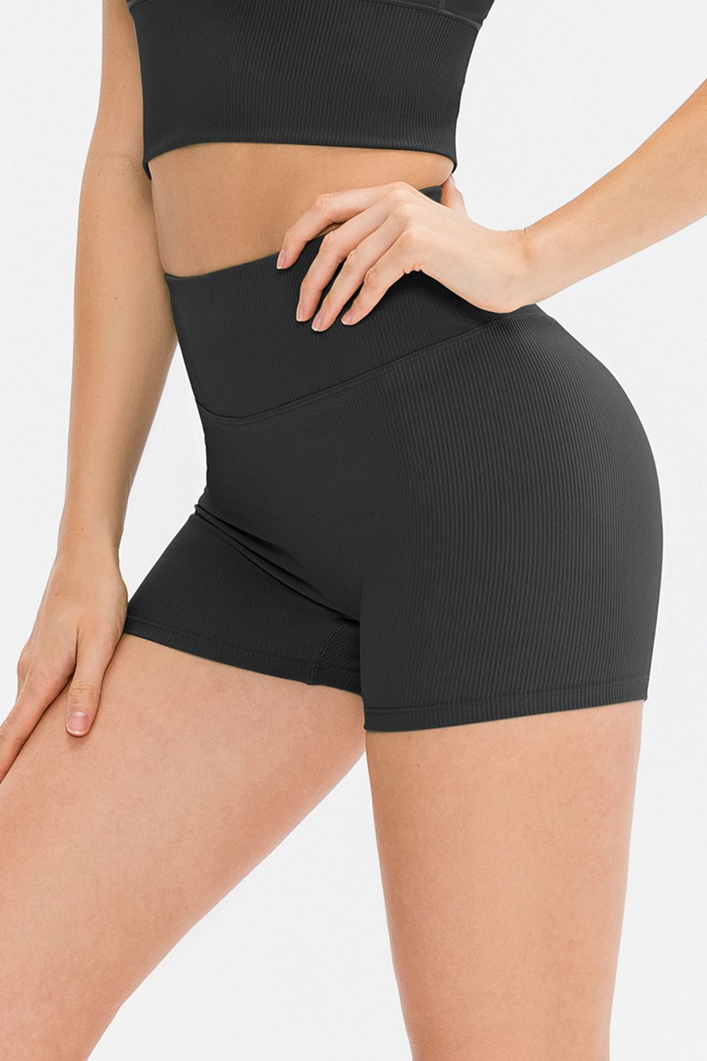 Black ribbed wide-waistband shorts, close side view
