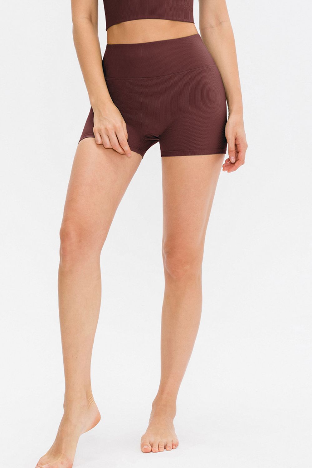Front view of burgundy wide-waistband fitted shorts