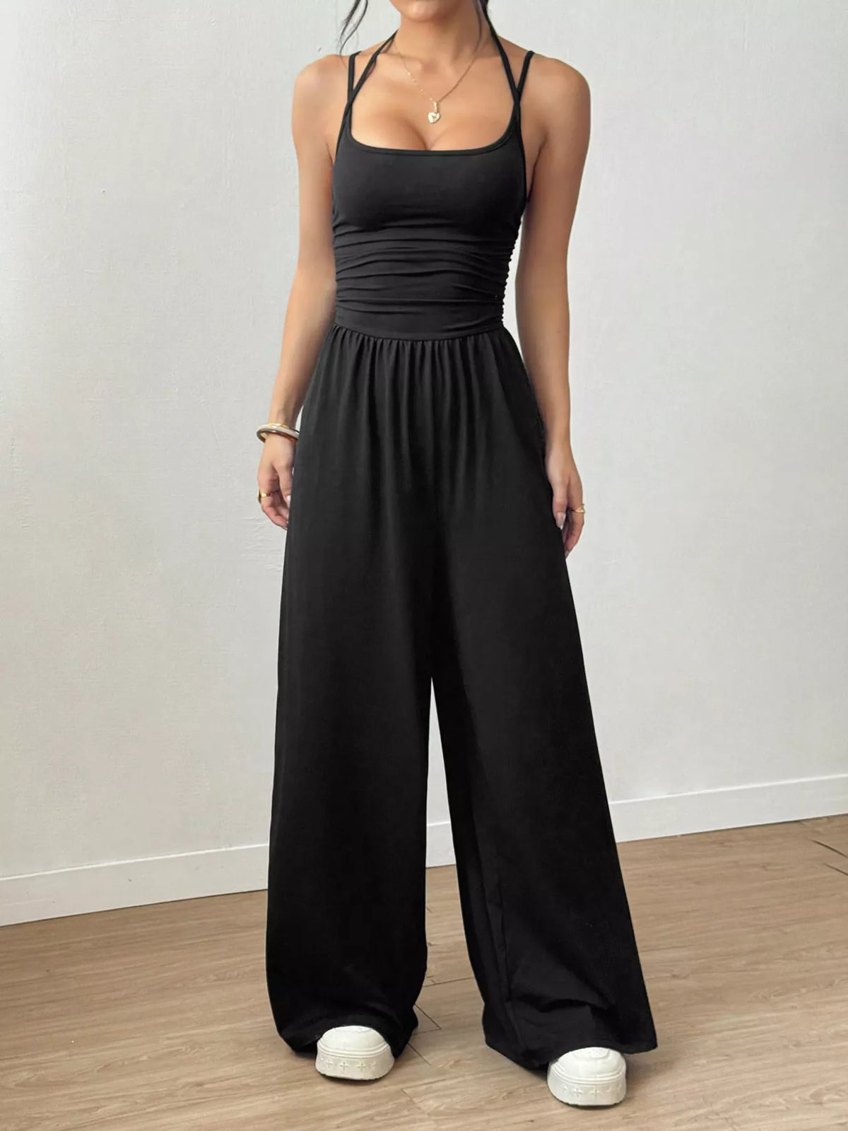 Women's spaghetti-strap wide-leg jumpsuit, black front view