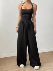 Women's spaghetti-strap wide-leg jumpsuit, black front view