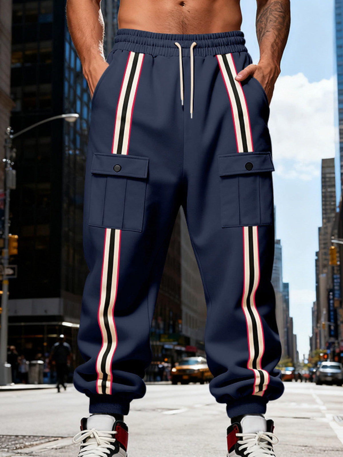 Navy striped cargo joggers with drawstring waist and cargo pockets