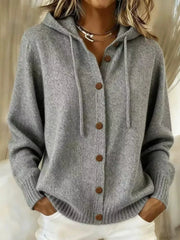 Gray hooded button-front knit cardigan with brown buttons, front view
