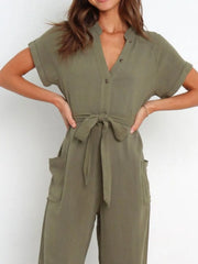 Women's notched short-sleeve tie-waist jumpsuit, olive waist and neckline detail