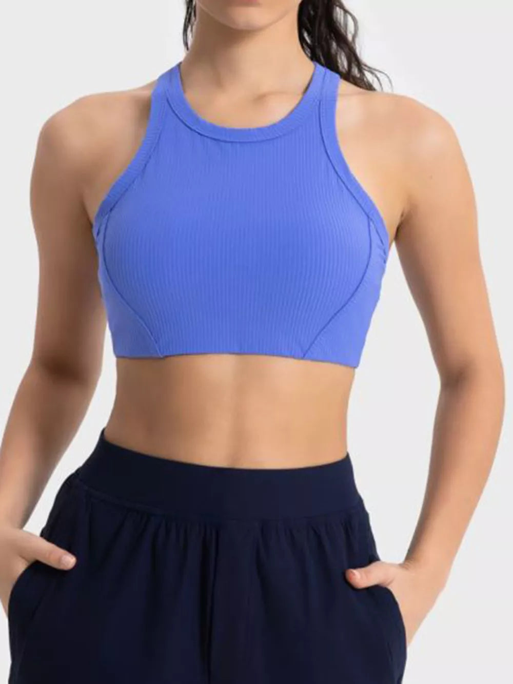 Bright blue wide-strap cropped sport tank, front view