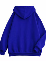 Back view of the royal blue hoodie with oversized hood and ribbed hem