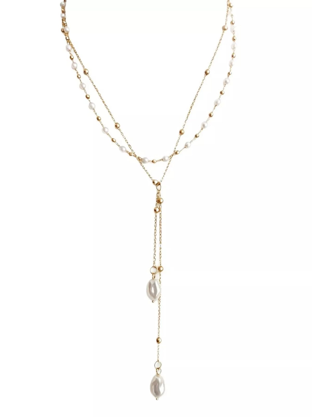 Gold-tone layered pearl necklace with two long drops shown on a white background