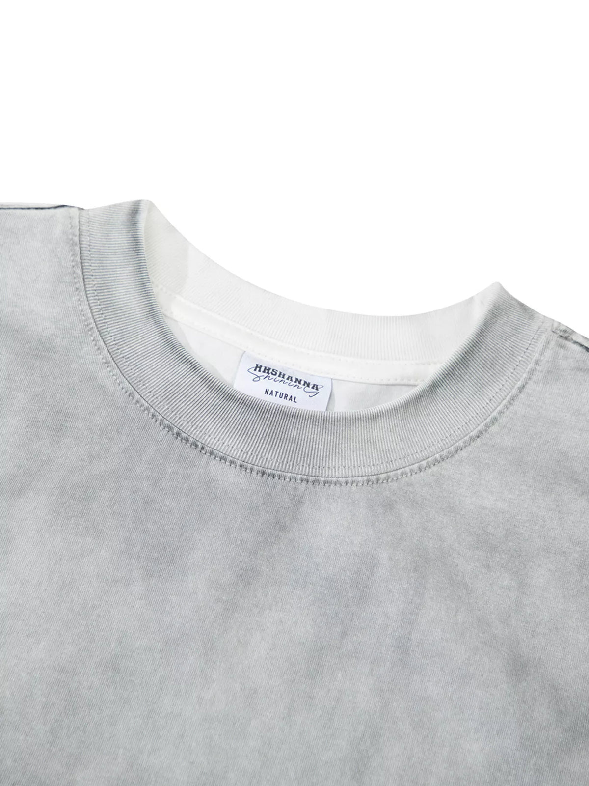 Inside view of the gray T-shirt neckline and printed neck label