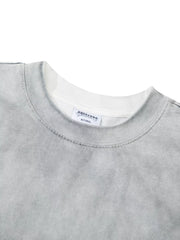 Inside view of the gray T-shirt neckline and printed neck label