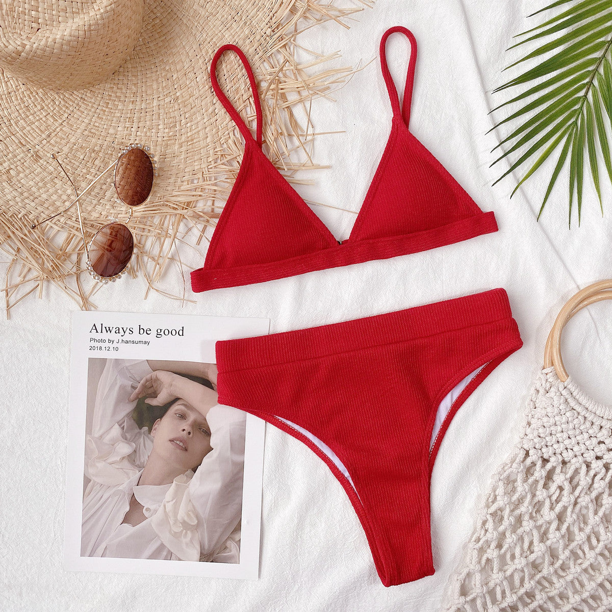 Red ribbed bikini set displayed flat, front view