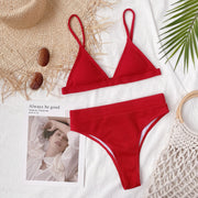 Red ribbed bikini set displayed flat, front view
