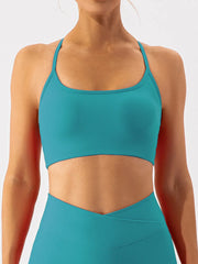 Close-up of teal ribbed active bra front