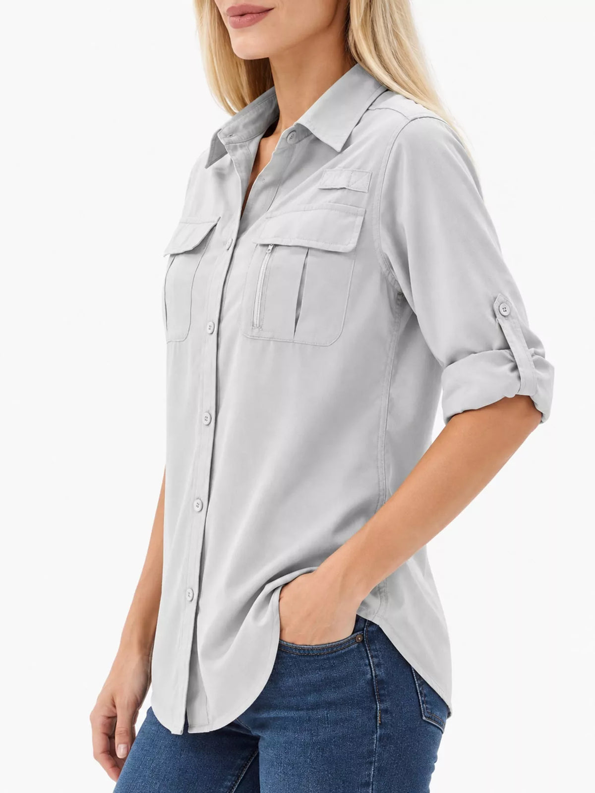 Light gray button-down shirt with chest pockets, angled front view