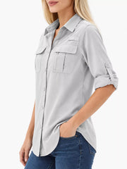 Light gray button-down shirt with chest pockets, angled front view