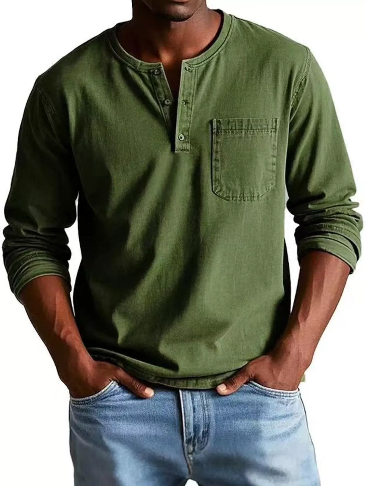 Green button-detail long-sleeve top with chest pocket