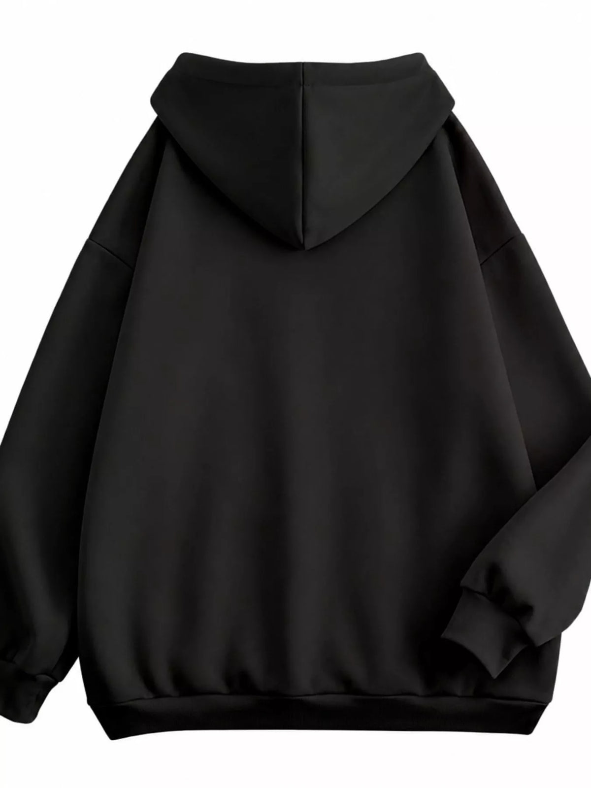 Back view of the black hoodie with oversized hood and ribbed hem