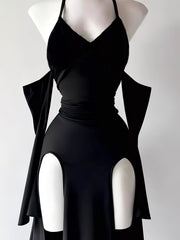 Black halter bodycon dress with high side slits, front view