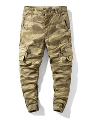 Tan camouflage cargo pants with multiple side cargo pockets, front view