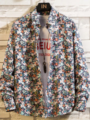 Button-up shirt with dense multicolor floral print, front view
