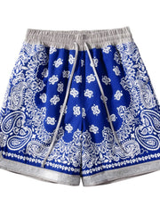 Royal-blue floral and paisley drawstring shorts, front view