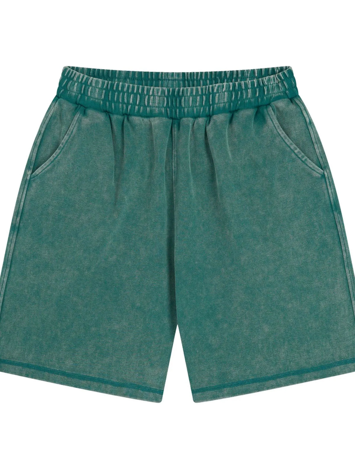 Deep teal elastic-waist shorts, front view
