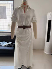 White button-front shirt maxi dress displayed on a mannequin with a brown belt.