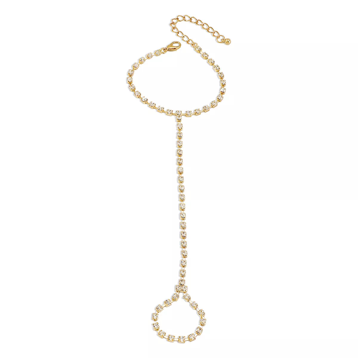 Gold-tone rhinestone bracelet with finger ring displayed on white