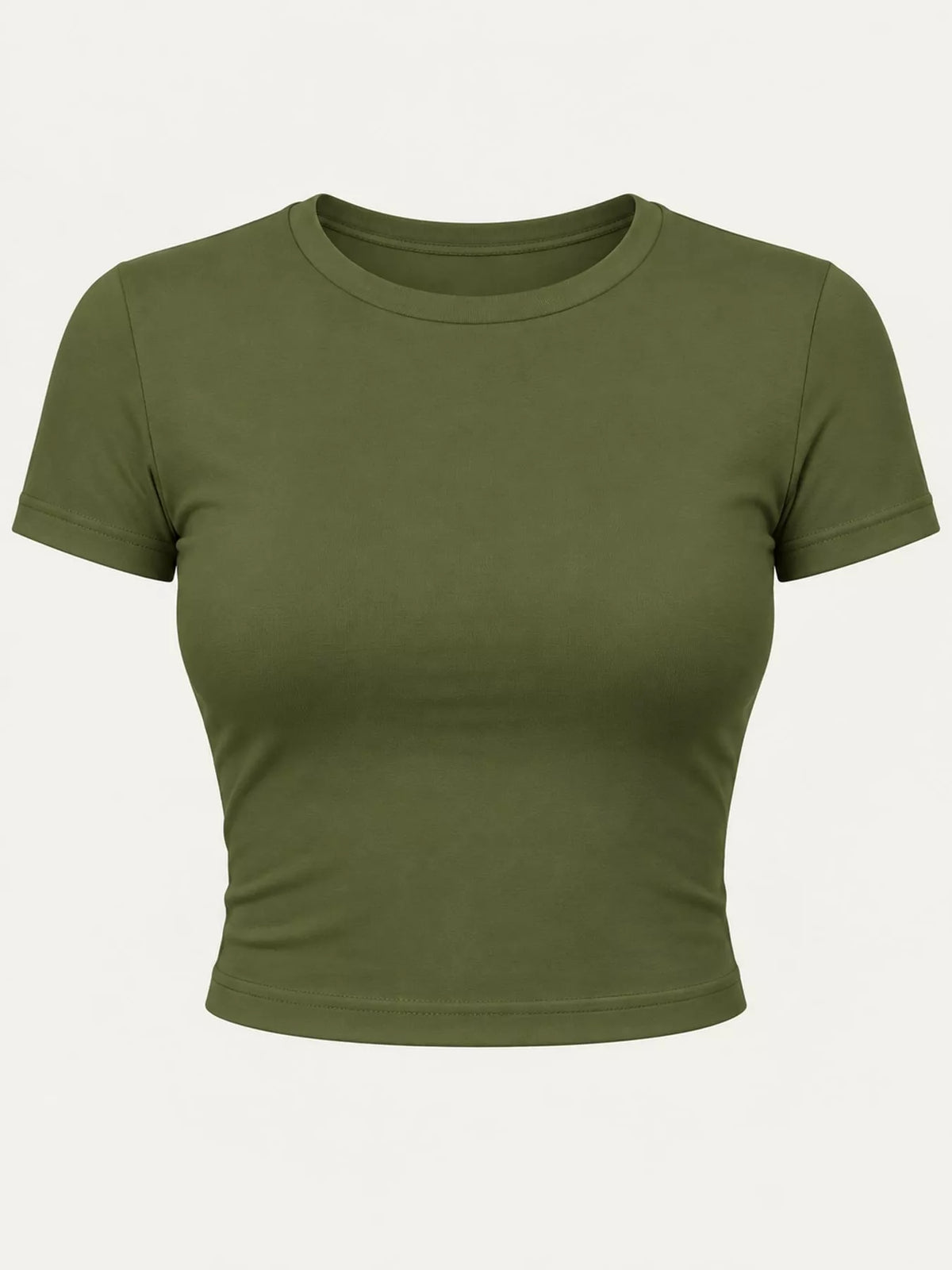 Front view of an olive green cropped crew-neck short-sleeve T-shirt