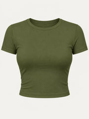 Front view of an olive green cropped crew-neck short-sleeve T-shirt