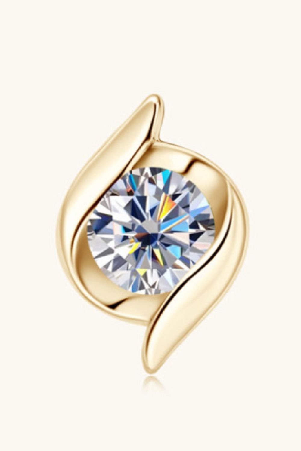 Close-up of round moissanite in curved gold-tone setting