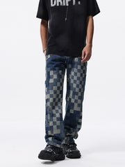 Men's blue relaxed-fit jeans with a faded checkerboard pattern, front view