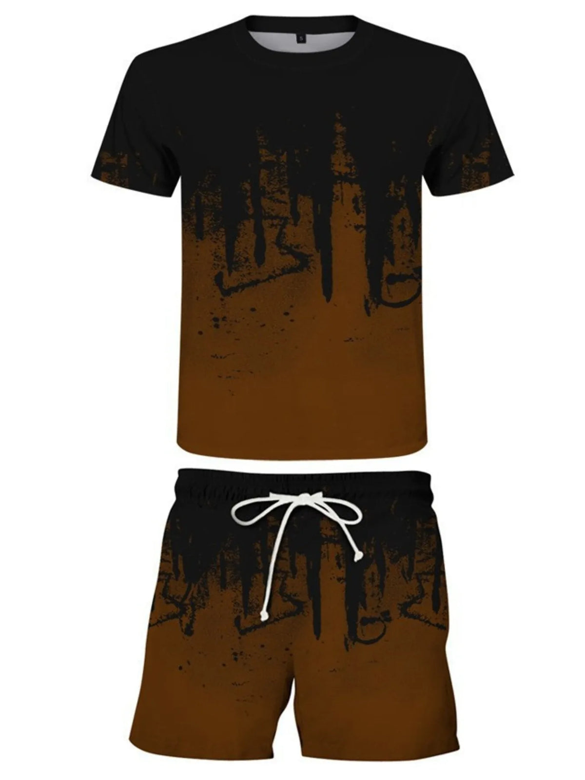 Black and brown graphic short-sleeve shirt with matching drawstring shorts