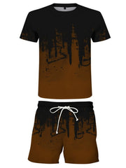 Black and brown graphic short-sleeve shirt with matching drawstring shorts