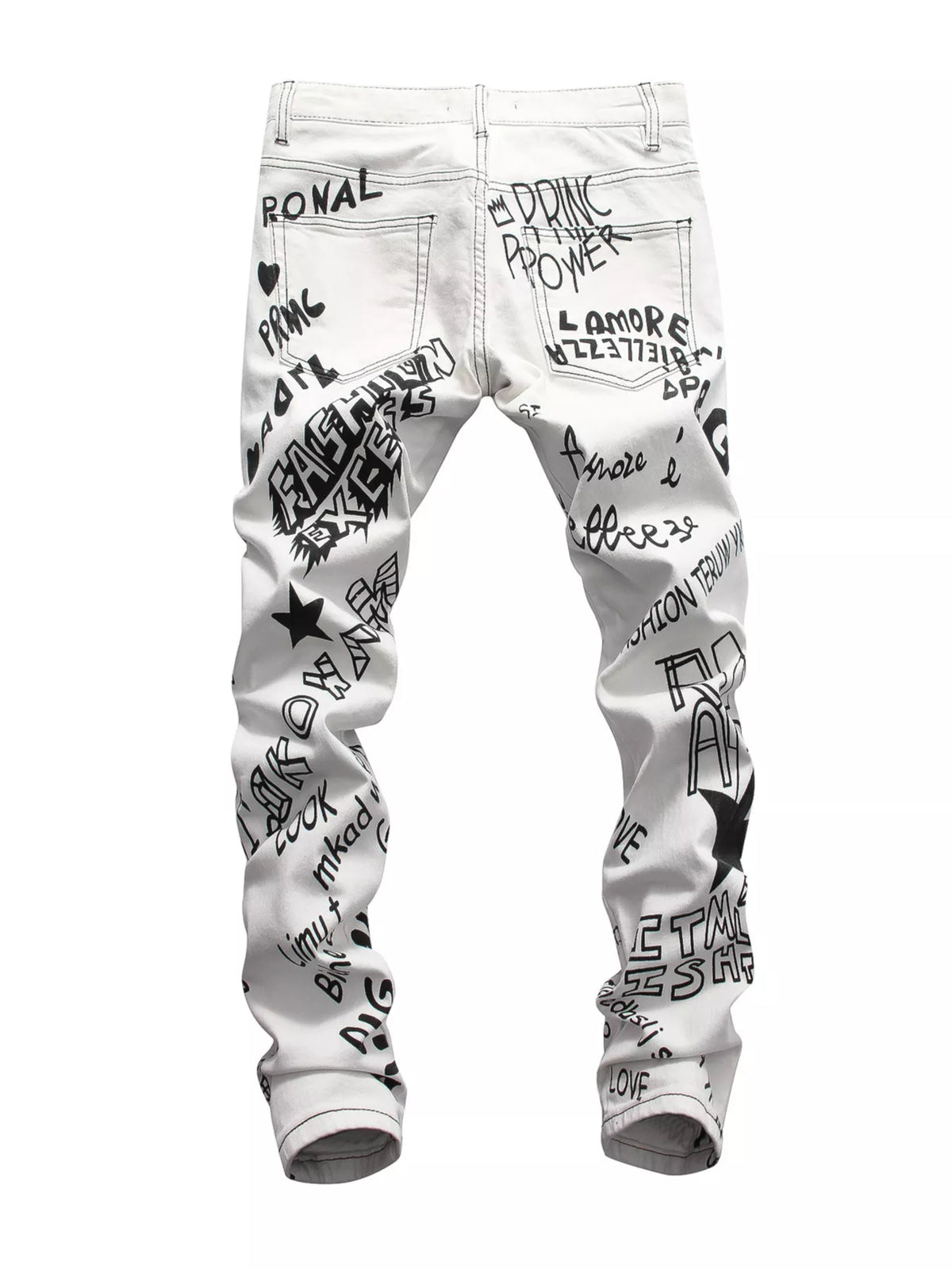 Back view of white jeans with black graffiti-style prints