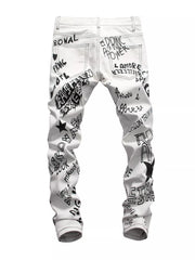 Back view of white jeans with black graffiti-style prints