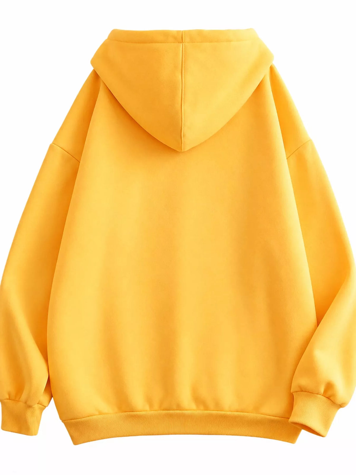 Back view of the yellow hoodie with large hood and ribbed hem