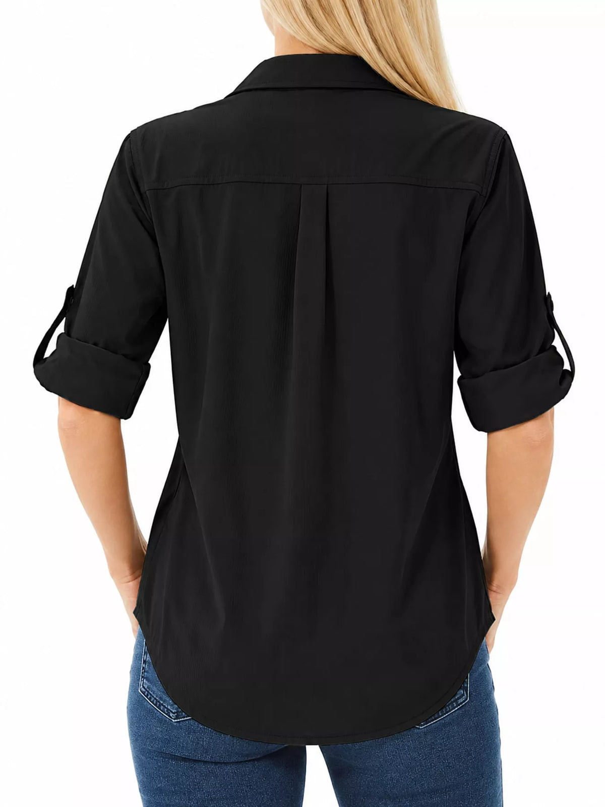 Back view of black button-down shirt with rolled sleeves