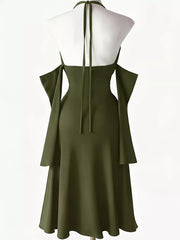 Wine-red halter bodycon dress front view, fitted silhouette with high slits