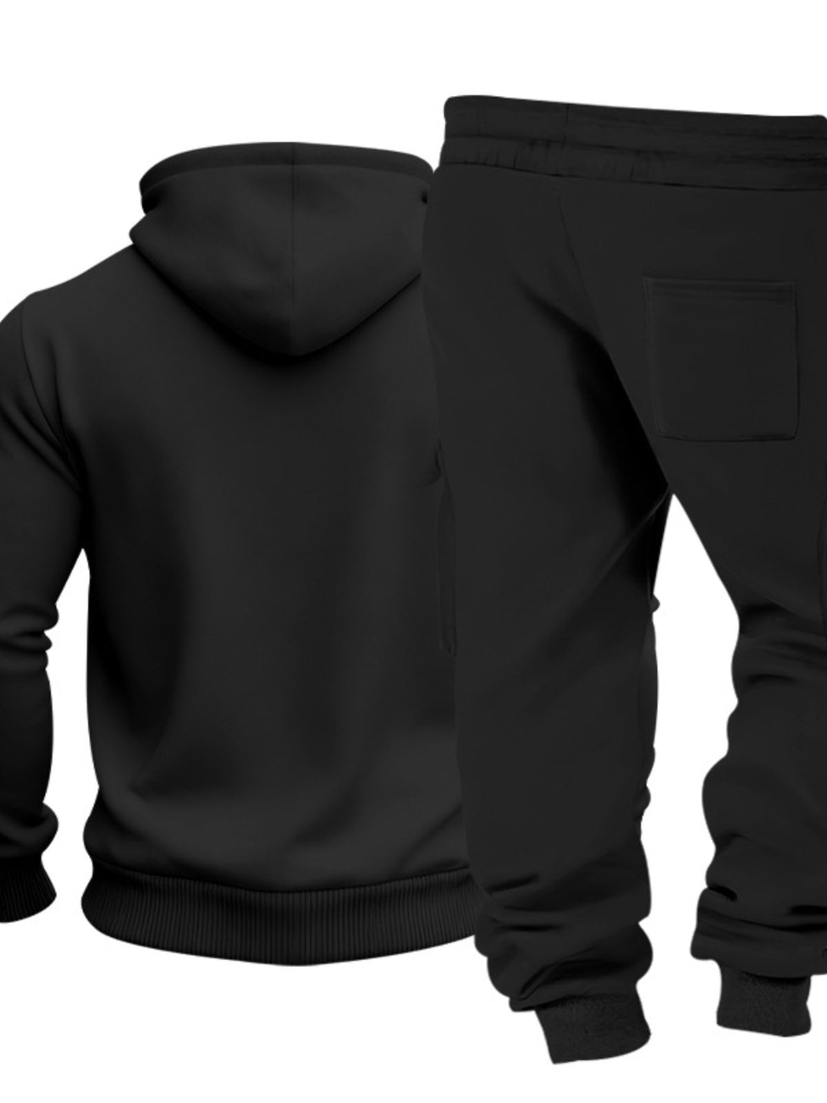 Black hoodie and sweatpants displayed from the rear against white