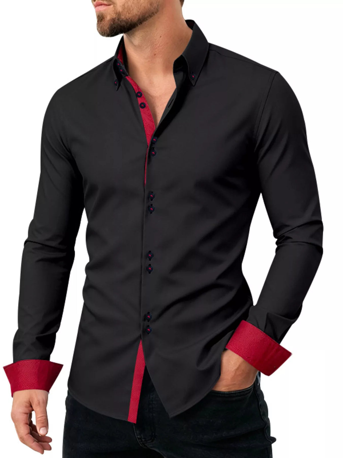 Model wearing black shirt with red contrast trim at collar and cuffs