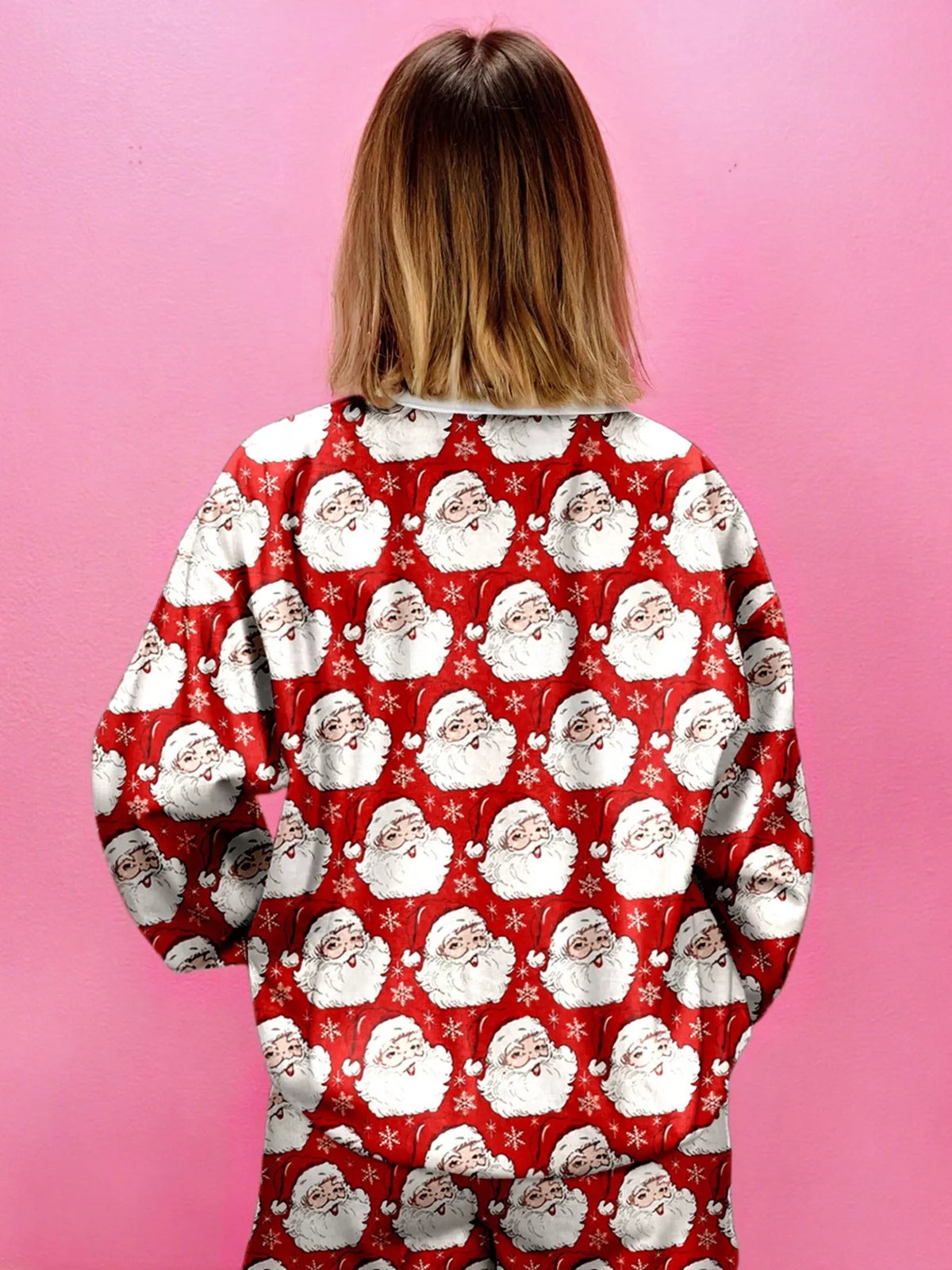Women's Christmas Santa-Print Top & Shorts Lounge Set: Back view of red Santa-print top and shorts on model.