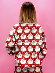 Women's Christmas Santa-Print Top & Shorts Lounge Set: Back view of red Santa-print top and shorts on model.