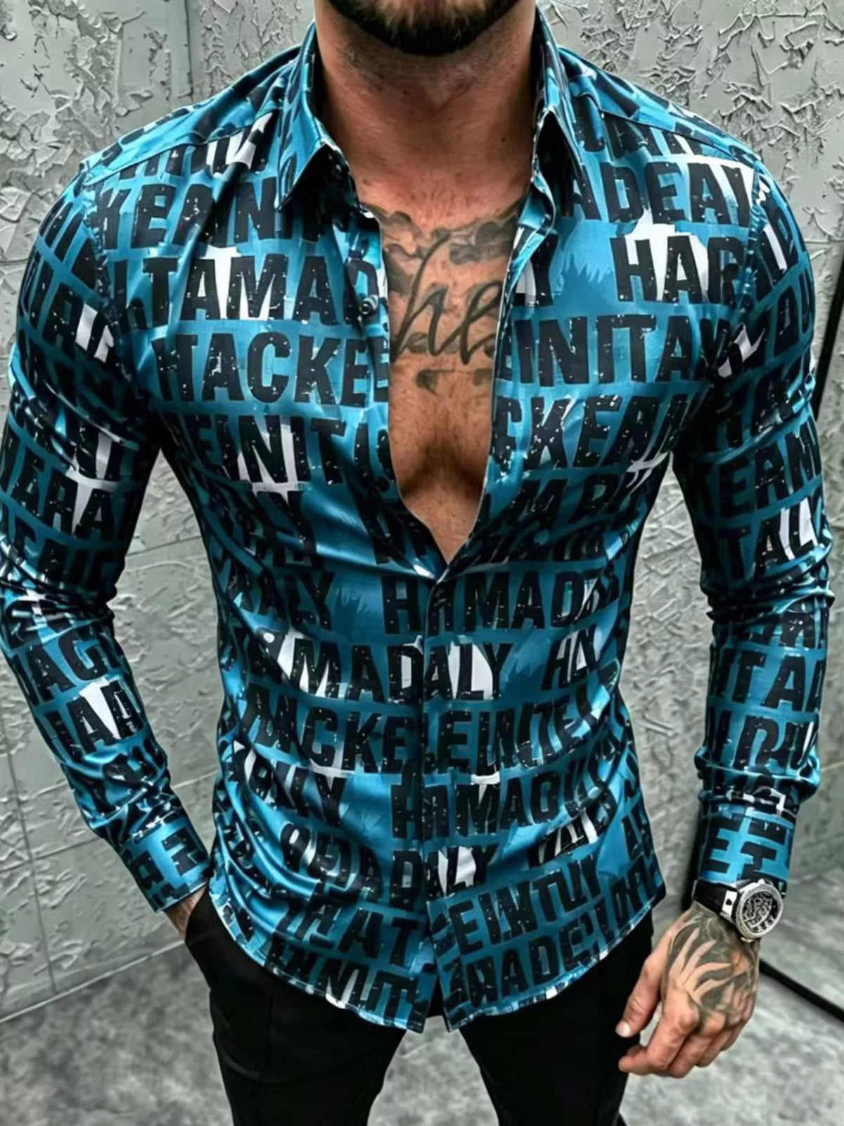 Model wearing teal letter-print slim-fit shirt, front view
