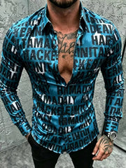 Model wearing teal letter-print slim-fit shirt, front view