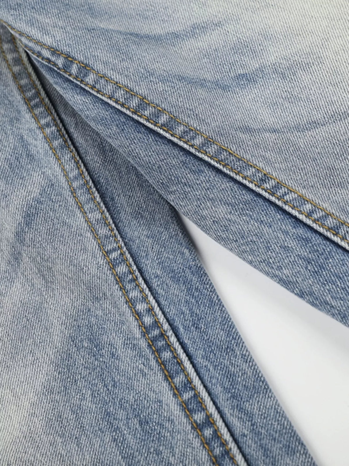 Close-up of washed denim leg seam