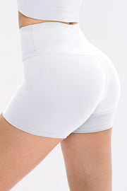 Back view of white ribbed shorts with high waistband
