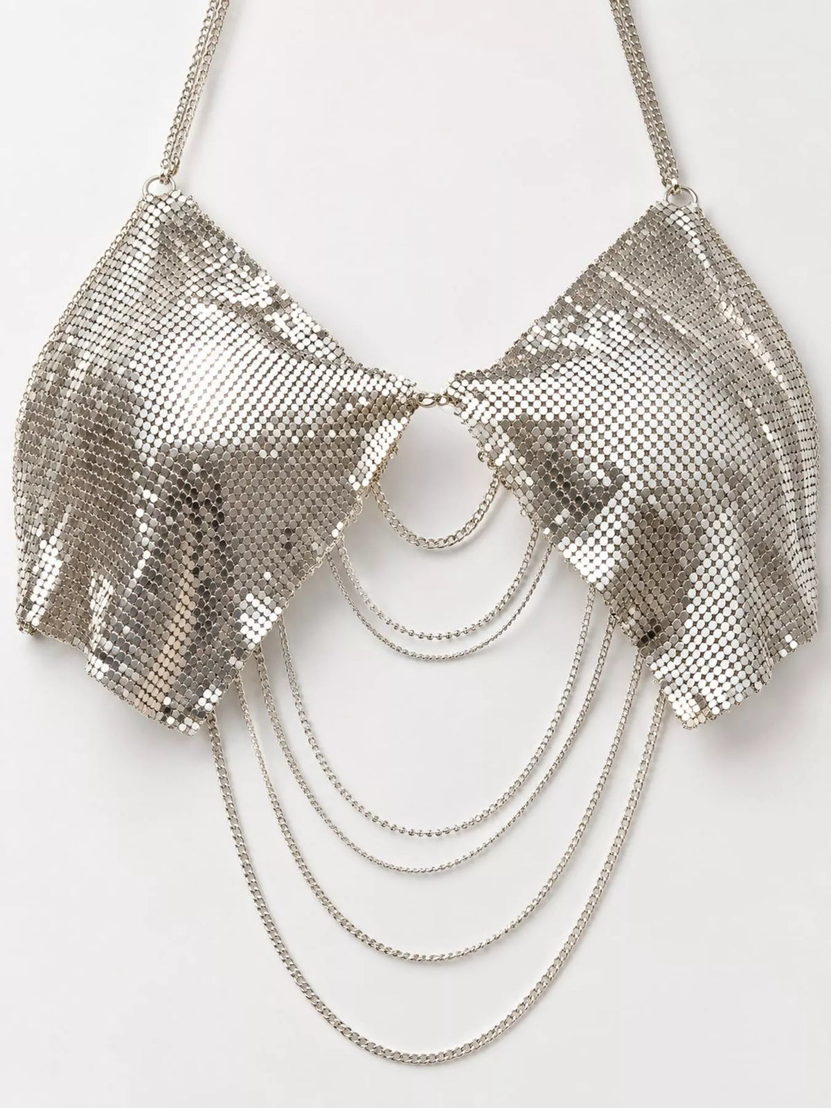 Silver chainmail halter cami top with layered chain drapes, front product view
