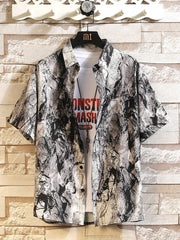 Gray and black abstract print button-up shirt, front view