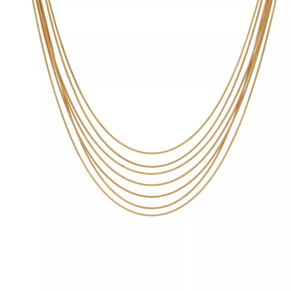Gold-tone multi-strand necklace laid flat with clasp visible