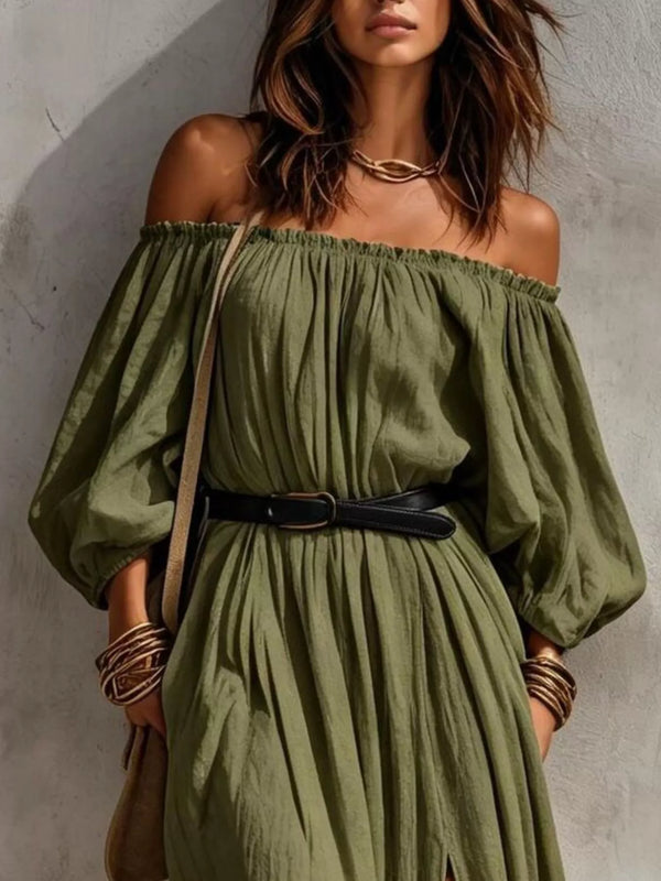 Close view of moss-green off-shoulder maxi dress with gathered neckline and belt